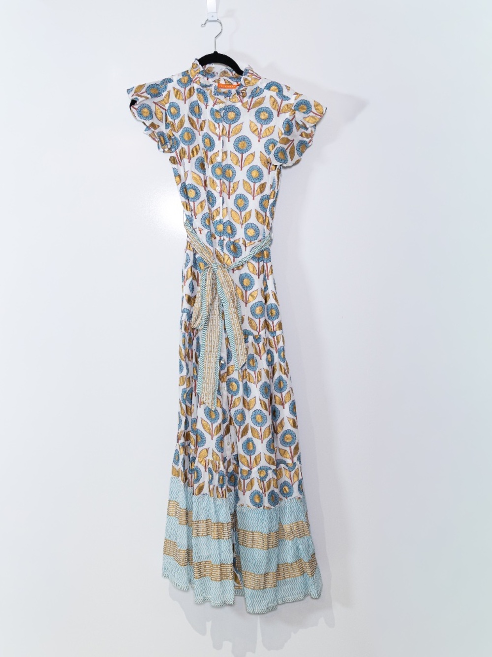 Oliphant Touraine Ruffle Collar Button Front Belted Cotton Voile Maxi Dress XS